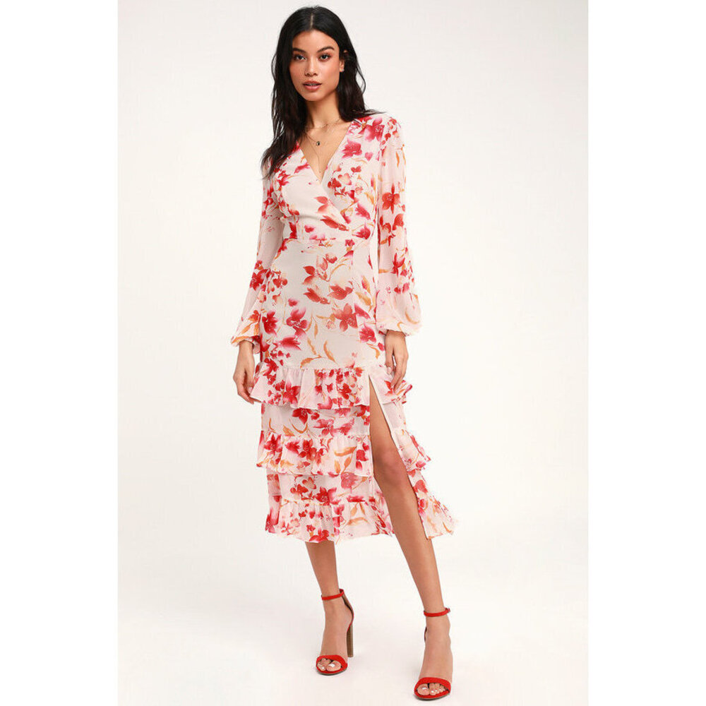 Lulus Sweet Sunday Cream And Red Floral Print Midi Dress Beige - Size XS